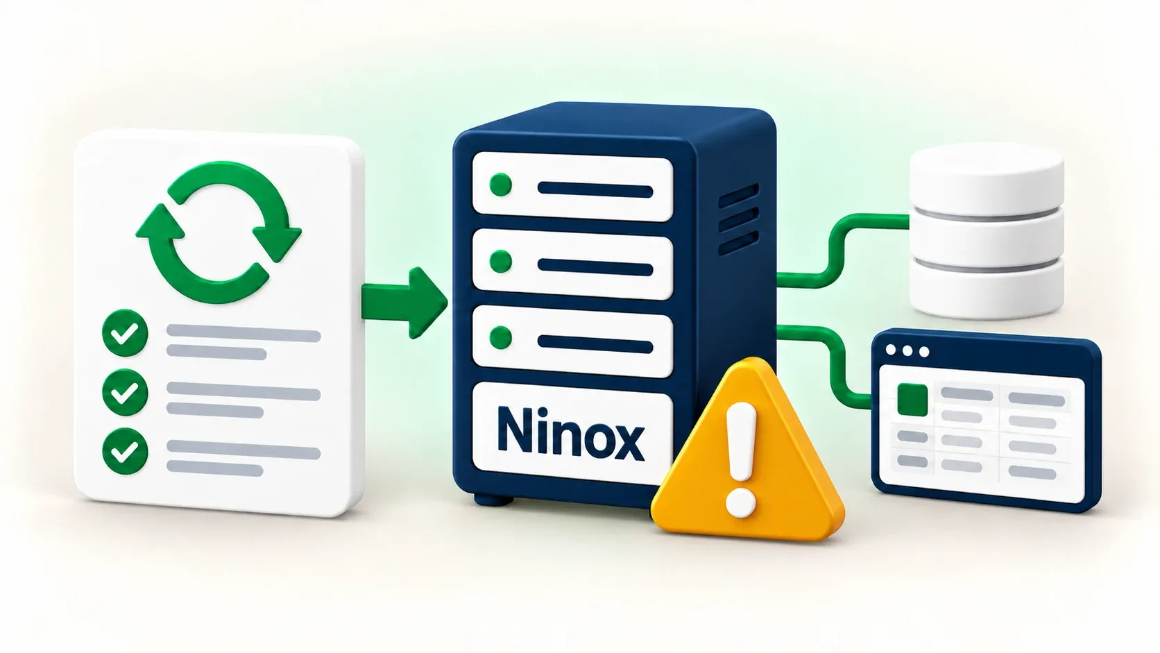 Ein Server mit der Aufschrift Ninox und einem Warndreieck, verbunden mit Datenbank und Anwendung; von links kommt ein Update mit abgehakter Prüfliste