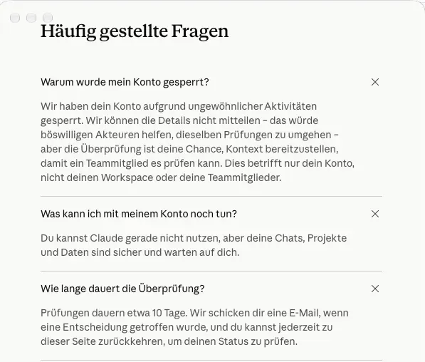 Die Auskunft, die wir bekamen: keine Details zum Grund, Bearbeitungszeit etwa zehn Tage.